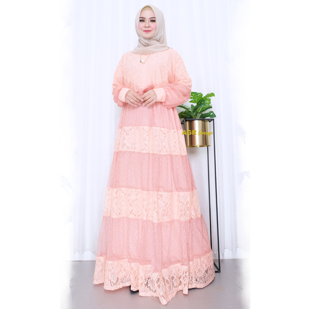 Gamis Jumbo Wanita Nola Bahan Brukat Full Furing Ikat Pinggang Lepasan Busui Frendly Size XXXL LD 13