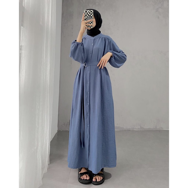 LUTFIA GAMIS LONG MIDI FULL KANCING DRESS ATASAN WANITA CRINCLE AIRFLOW PREMIUM (DBY)