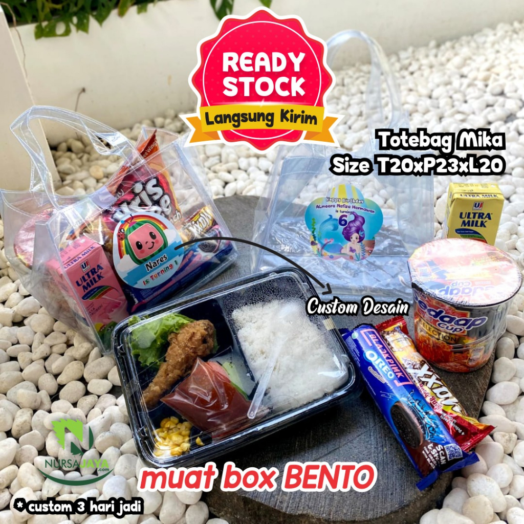 Tas Mika Bening Transparan Tebal, Tas Muat Box Bento Goodie Bag Ultah Ready Stock dan Custom