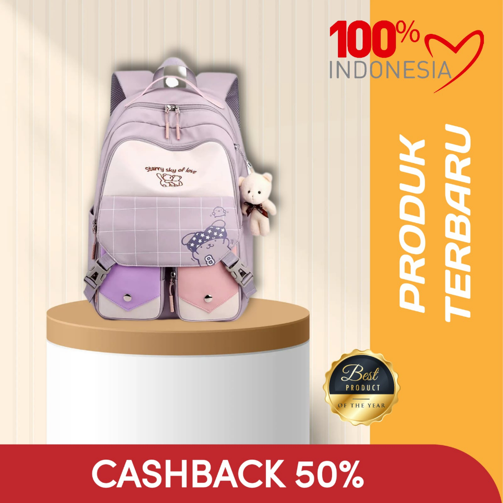 Tas Ransel Wanita Motif KUTAI Korean Style Backpack Sekolah Perempuan Stylish 2023 FREE BOTOL