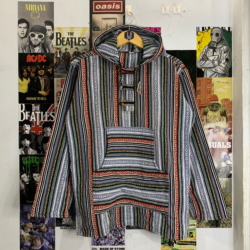 Hoodie Tenun Mexican Baja Motif Navajo Pria / Wanita Biru Muda