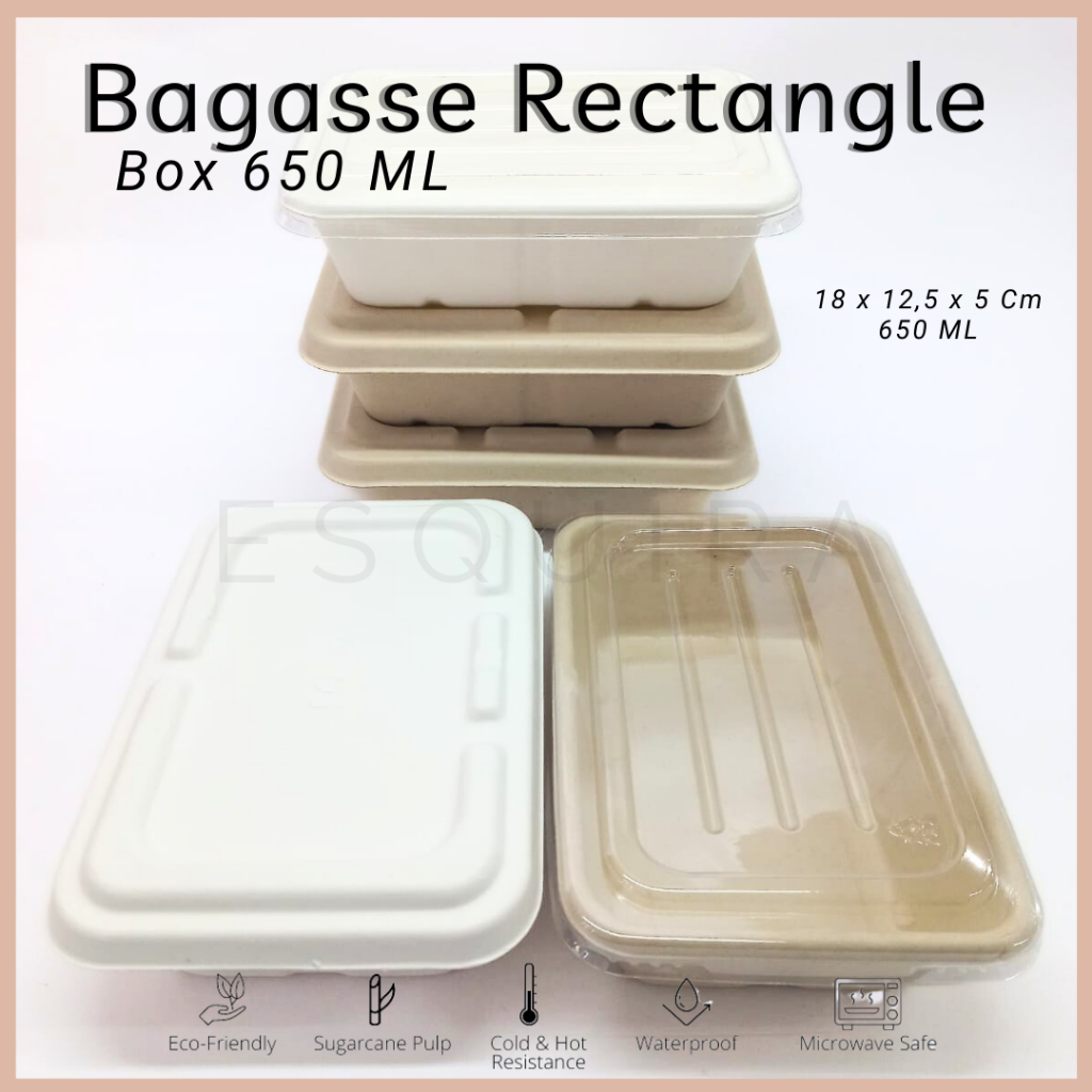 Bagasse Rectangle / Lunch Box 650 ML/Pulp Lid /Mika Lid /10 PCS/ C650,C650X