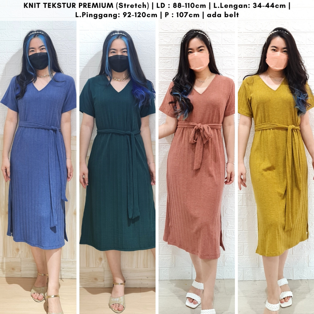 4171 sakura strap midi dress polos belt dress wanita casual dress rib knit