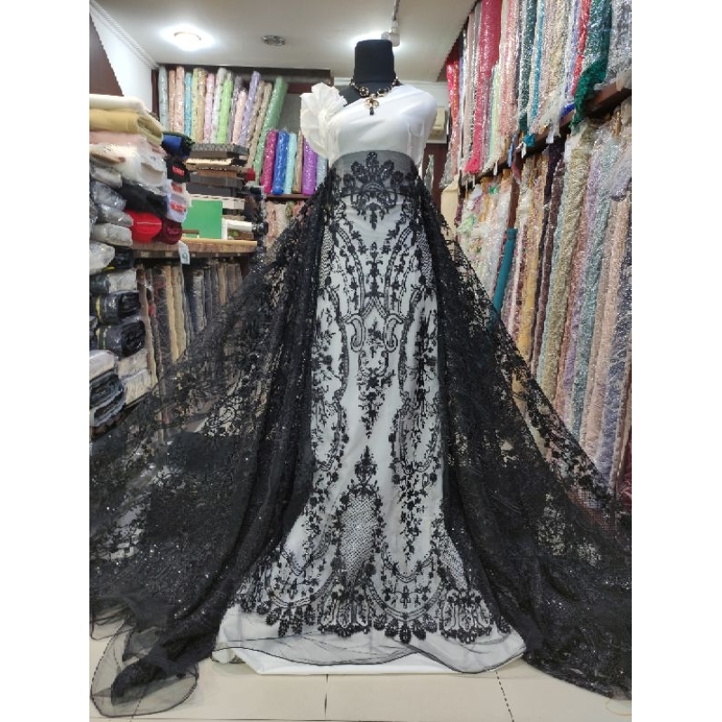 Kain Tile Brokat Etnik Payet Batu Akar Bridal AV397-22-3 Hitam