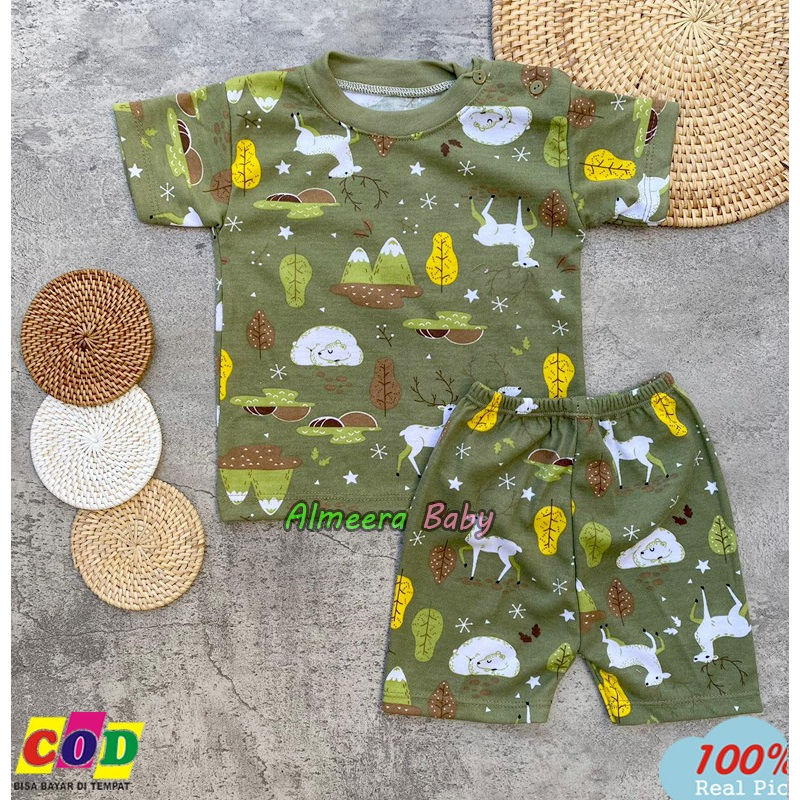 Setelan Baju Bayi Piyama Bayi Lengan Pendek Kancing Pundak Motif Printing Rusa Usia 3-12 Bulan Almeera Baby and Kids