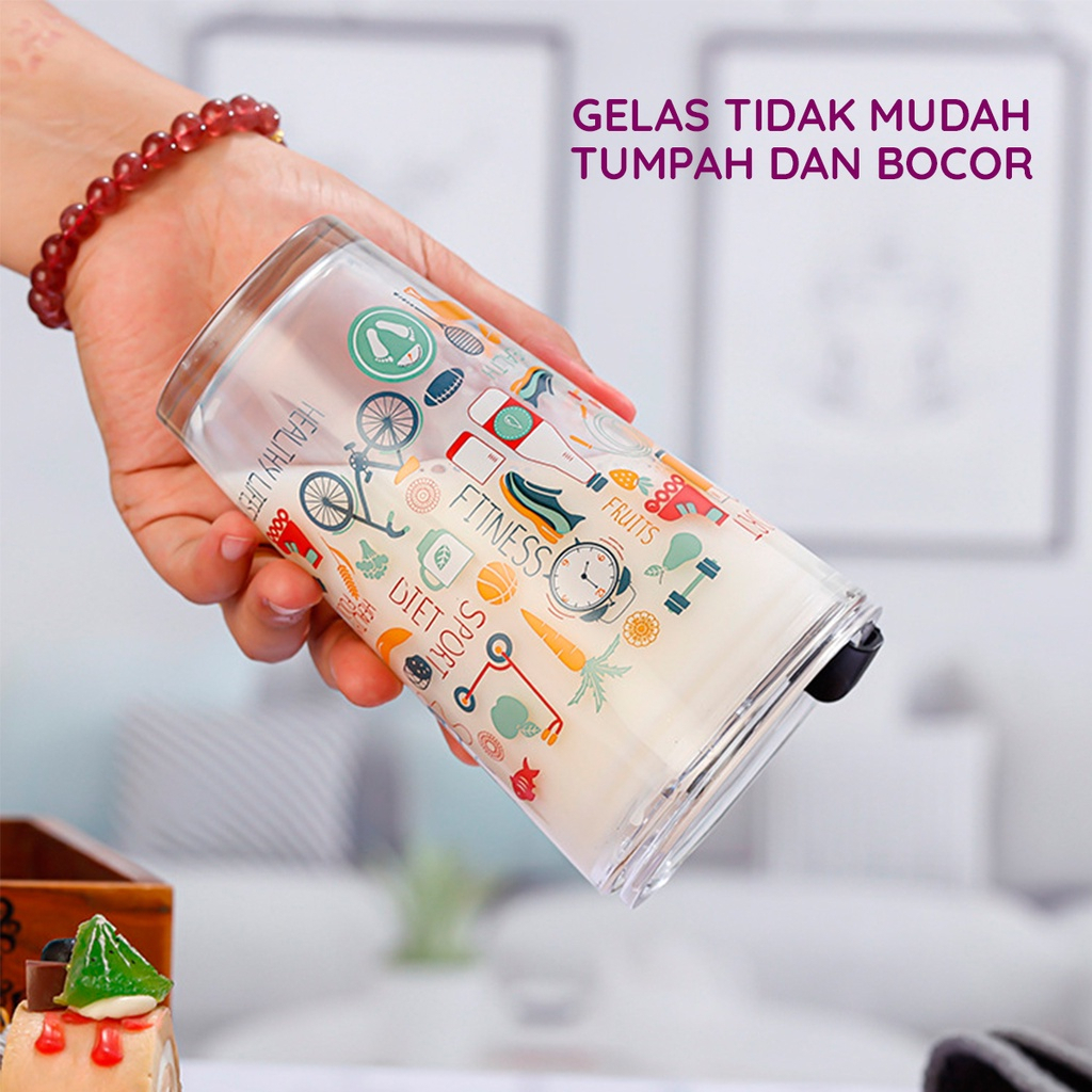 TUMBLER KACA MOTIF KARAKTER LUCU + SEDOTAN GLASS WARE 450ML / GELAS AESTHETIC DENGAN SEDOTAN KACA