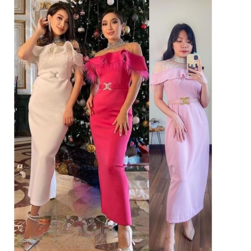 dress fur feather midi dress bulu rumbai fuchia pink white dress simple mewah singer award red carpe