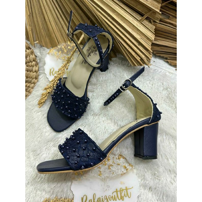 Sandal pesta Cantik Hasna navy 7cm tahu