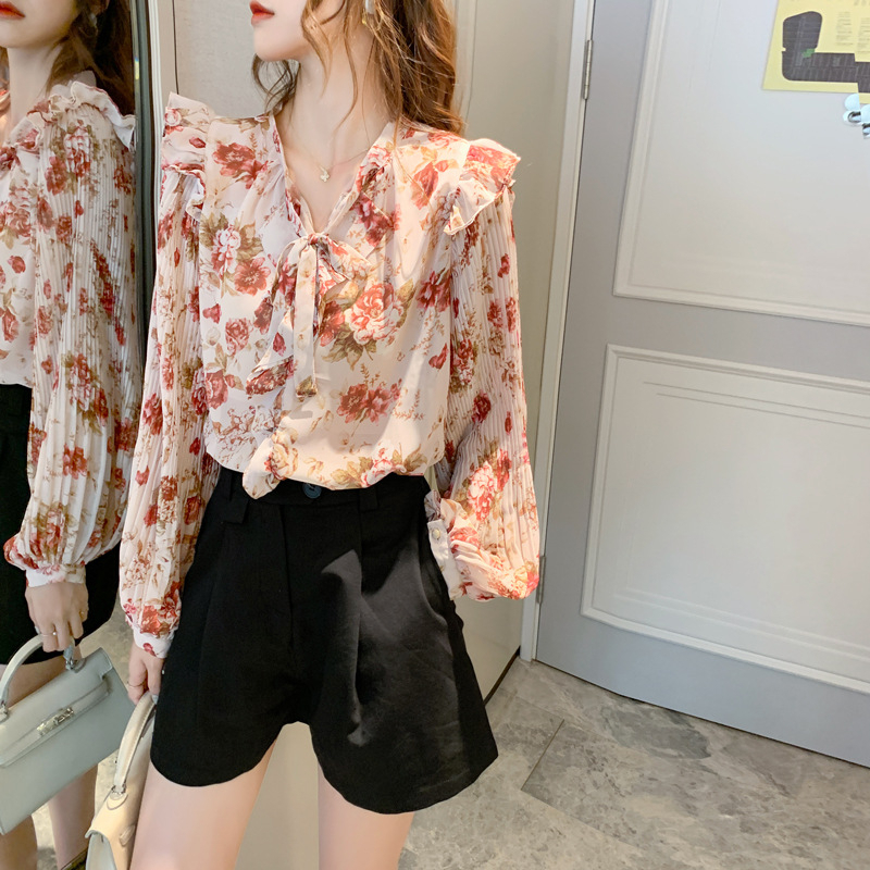 Top Blouse Kemeja Loose Perempuan Chiffon Pleated Balloon Sleeve