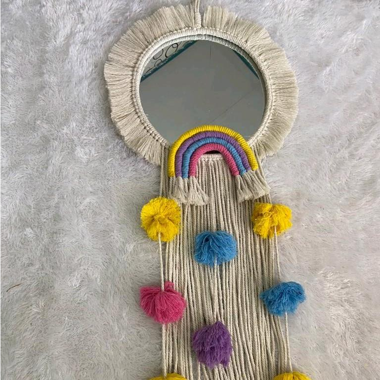 Macrame Cermin Pom Pom/1 Set Macrame + Cermin / Macrame Mirror / Cermin Aesthetic / Cermin Viral /