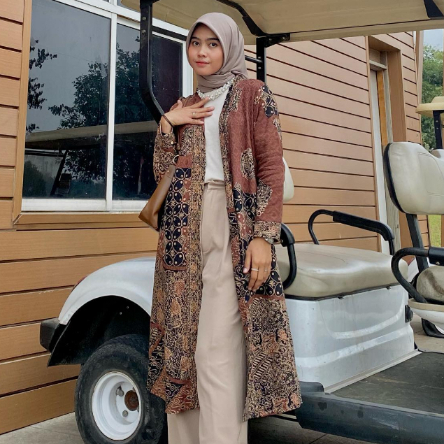BATIK TRUSMI Outer Panjang Batik Wanita Long Outer  Batik Premium Motif Mega Kombinasi Puco