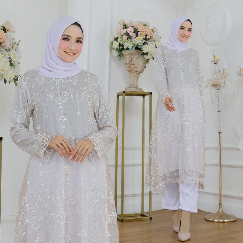 SETELAN TUNIK DRESS KEBAYA BRUKAT TILE BORDIR KEBAYA PUTIH SET CELANA SETELAN KEBAYA CELANA KF ASTER
