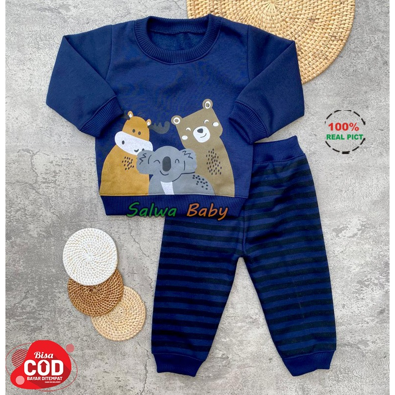 Setelan Baju Bayi Setelan Sweater Celana Joger Motif Animal Bahan Katun Fleece Usia 3-12 Bulan Anababy