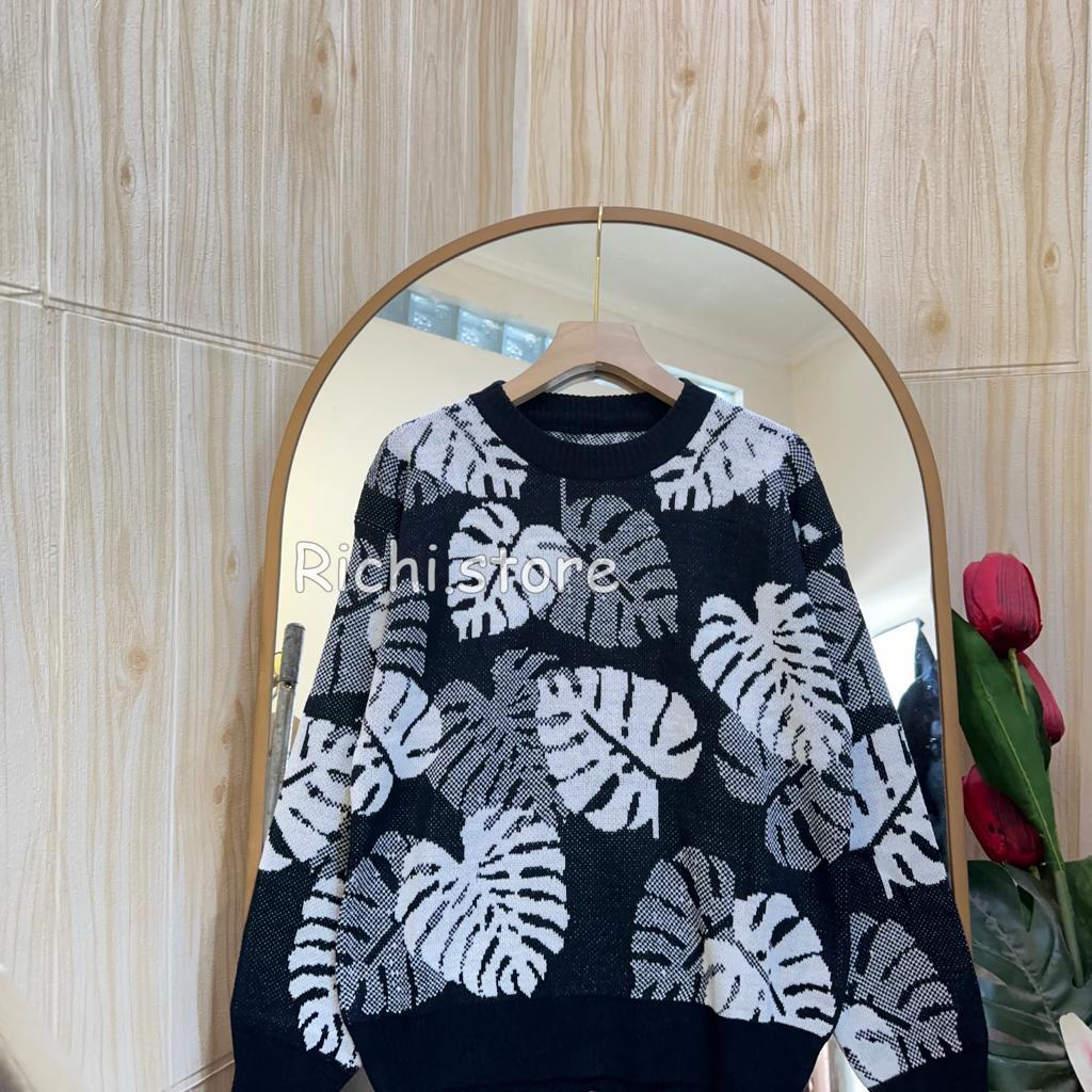 Zivana Blouse Rajut Atasan Wanita Kerah Bulat Motif Daun