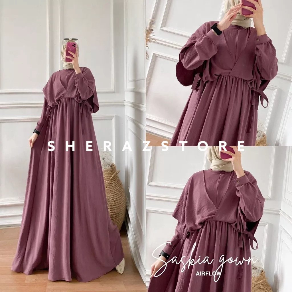 SASKIA GOWN S M L XL XXL XXXL 5L Gamis Dress Wanita Jumbo Ld 120 130 140 Bahan Airflow Crinkle Terbaru 2023