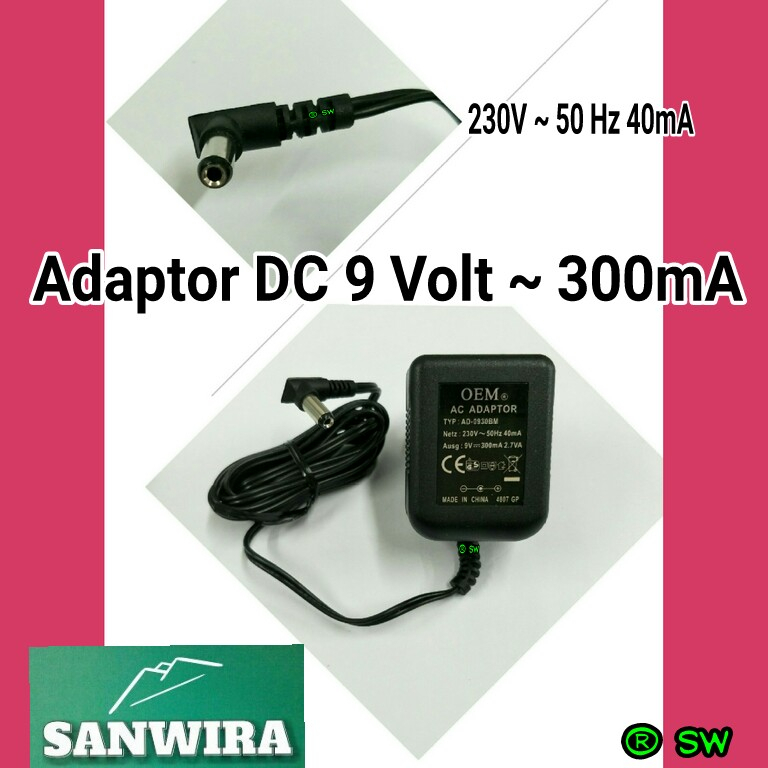 Adaptor 9 Volt DC 300mA "OEM" - 230V ~ 50 Hz 40mA / Adaptor Trafo 9V DC 300ma OEM / Adaptor OEM 9V D