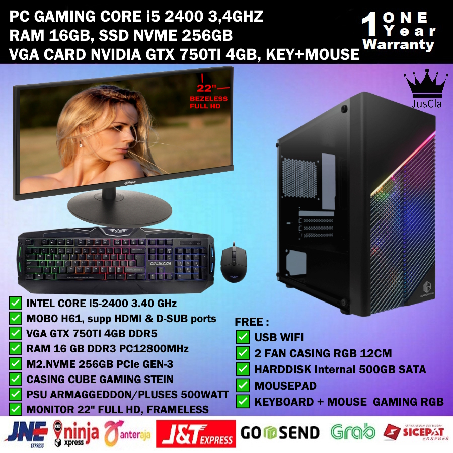 PC GAMING FULLSET INTEL CORE i5-2400 3,4GHz|RAM 16GB|SSD NVME 256GB|NVIDIA GTX 750TI 4GB|HDD 500GB|KEYBOARD+MOUSE GAMING|USB WIFI