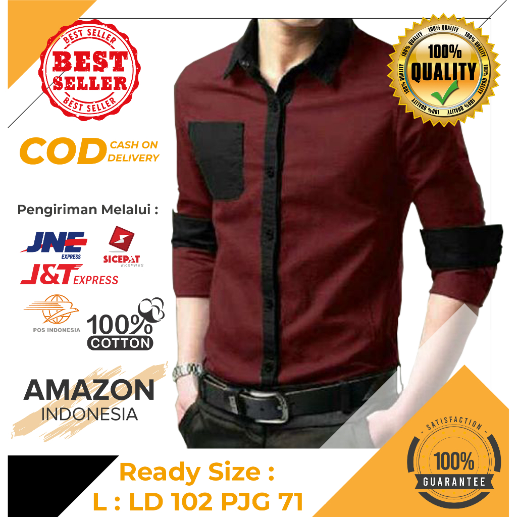 BAJU KEMEJA ATASAN PAKAIAN KEMEJA HEM PRIA COWOK 2 WARNA MAROON HITAM BAHAN KATUN TEBAL ASLI