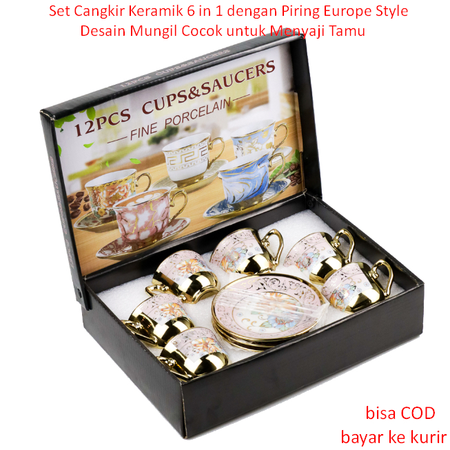 Set Cangkir Keramik 6 in 1 dengan Piring Europe Style Desain Mungil Cocok untuk Menyaji Tamu