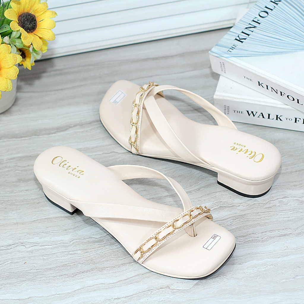 Sandal hak tahu wanita jepit 3cm palang rantai - CLAUDIA 02