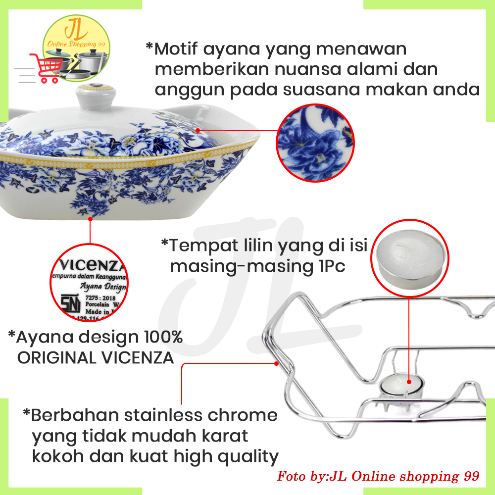 VICENZA wadah saji set isi 3 motif Ayana + rak BA751 / pemanas makanan / casserole food warmer