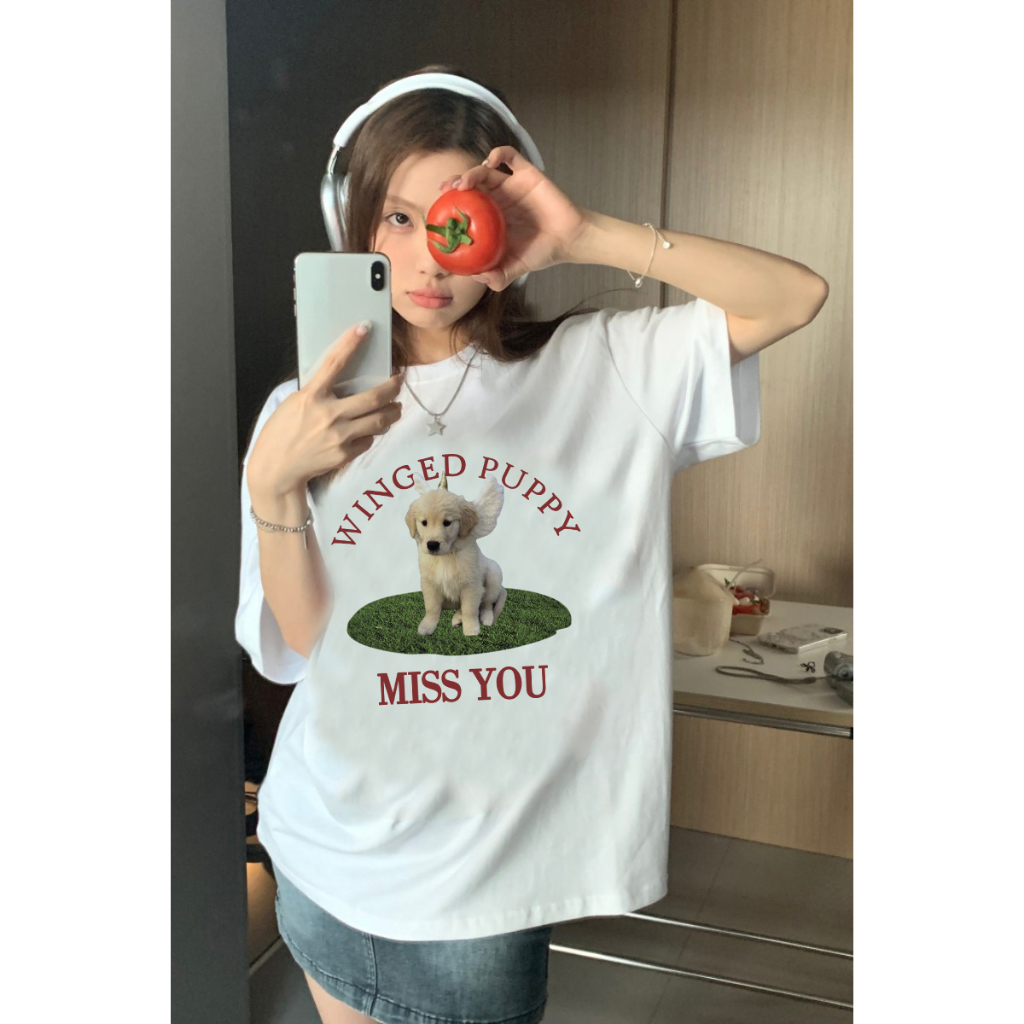 EUNII T-shirt Lengan Pendek Cartoon Winged Puppy Dog Korean Style/Kaos Atasan Wanita/Baju Kaus Oversize Wanita/Kaos Wanita