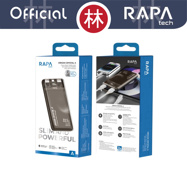 RAPAtech PB2021 - ORIGIN CRYSTAL II - QC 22.5W LED 10000 mAh Powerbank