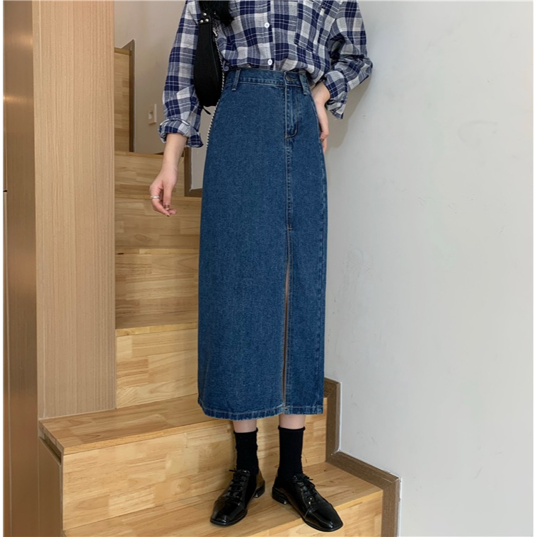 ✅COD Rok denim split gaya Korea rok a-line wanita berpinggang tinggi sedang untuk menutupi rok pinggul selangkangan