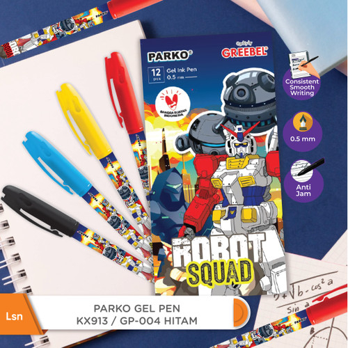 

Pulpen Gel GREEBEL PARKO GP-004 0.4 mm Isi 12 Tinta Hitam Robot Squad