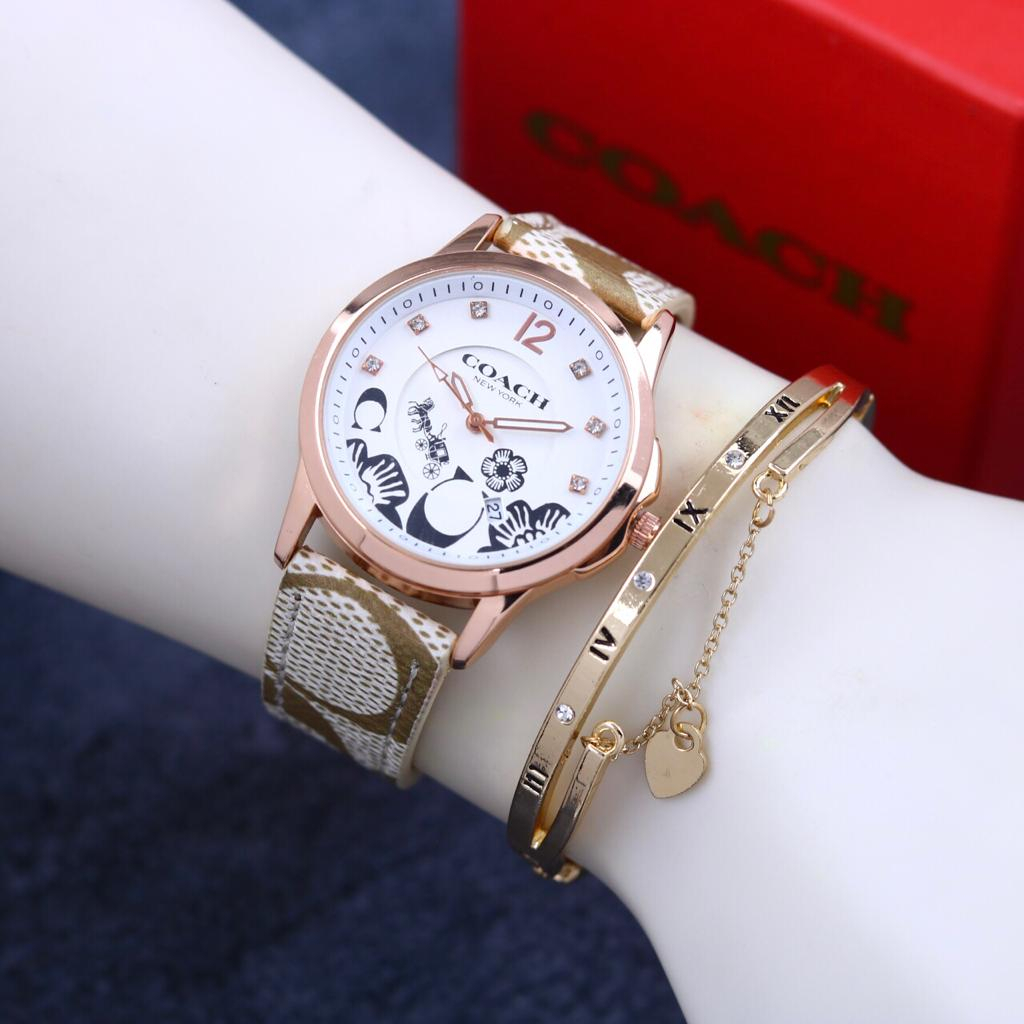 Jam Tangan Wanita Coach-PW Tali Kulit Body Bulat Rose plat putih Free Gelang Tanggal Aktif Box Exclu