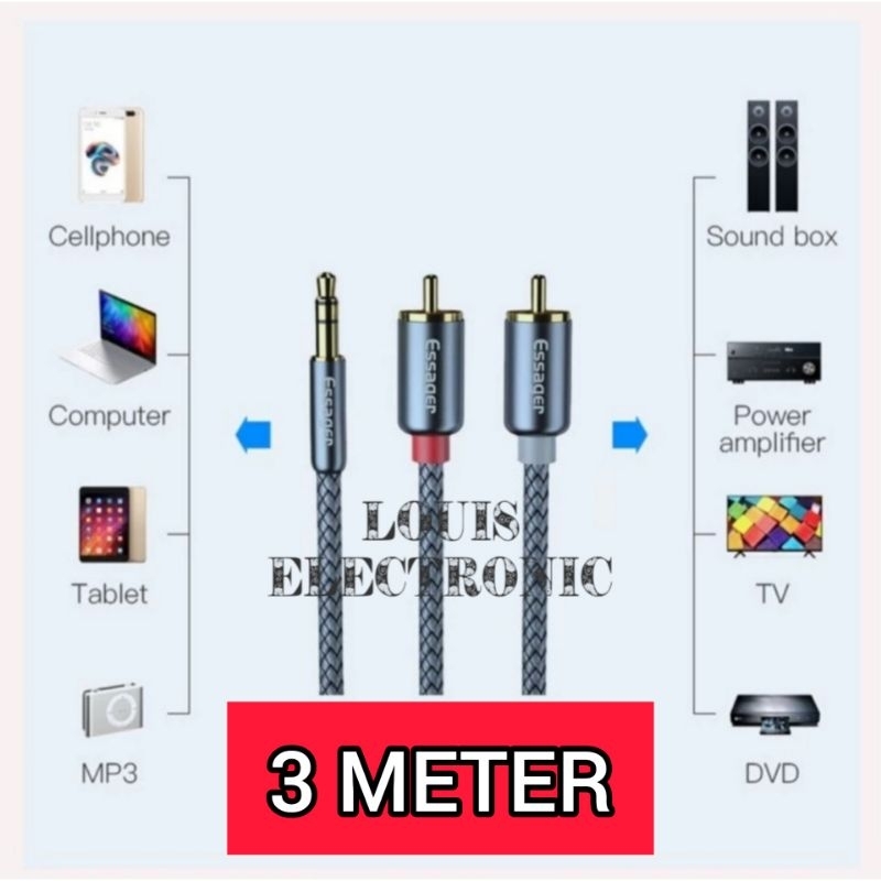 Essager Kabel Jack RCA to AUX 3.5mm Best Quality Kabel Audio Hifi 3.5mm to RCA ( 3 Meter )