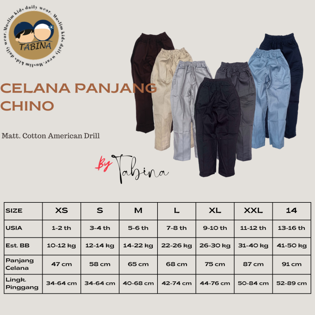 Celana Panjang Model Chino Anak Tabina Bahan Katun Drill usia 1 tahun - 16 tahun Remaja