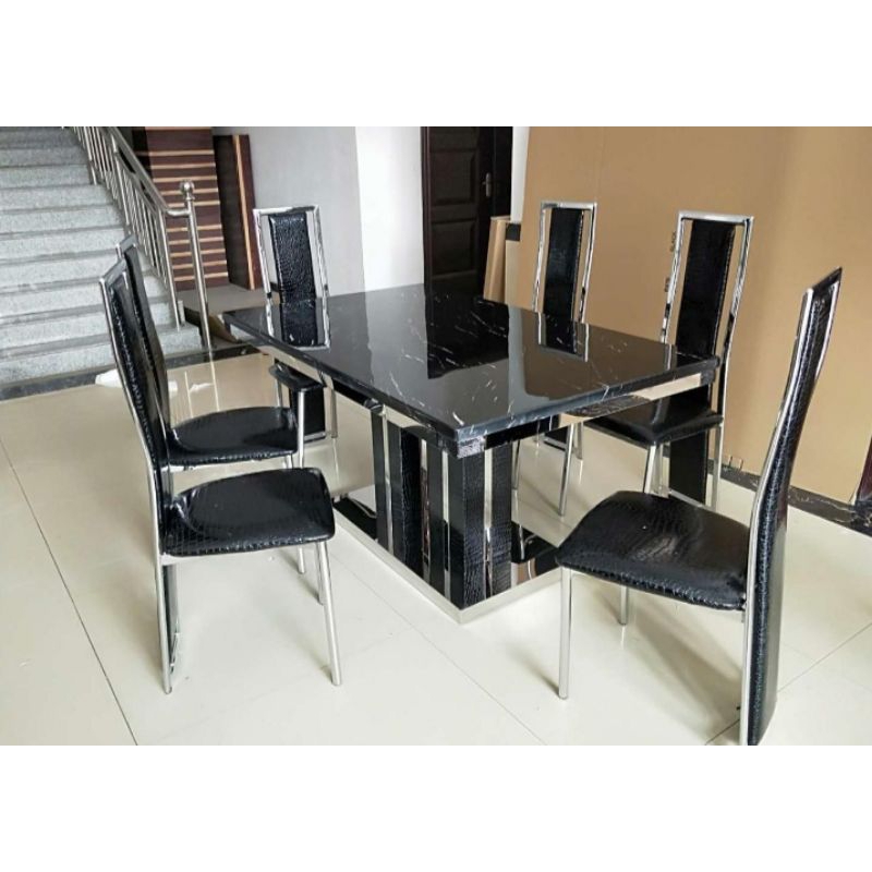 FREE ONGKIR JABODETABEK Meja Makan Marmer 6 kursi minimalis stainless steel Putih/Hitam Mewah Import Italy