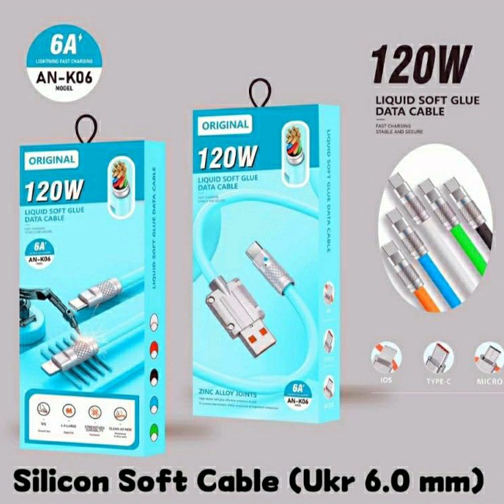 Kabel Data Silikon Super Fast Charging 120W 6A Super Cable Fast Charging AN-K06 Colokan Micro Type C Iphone