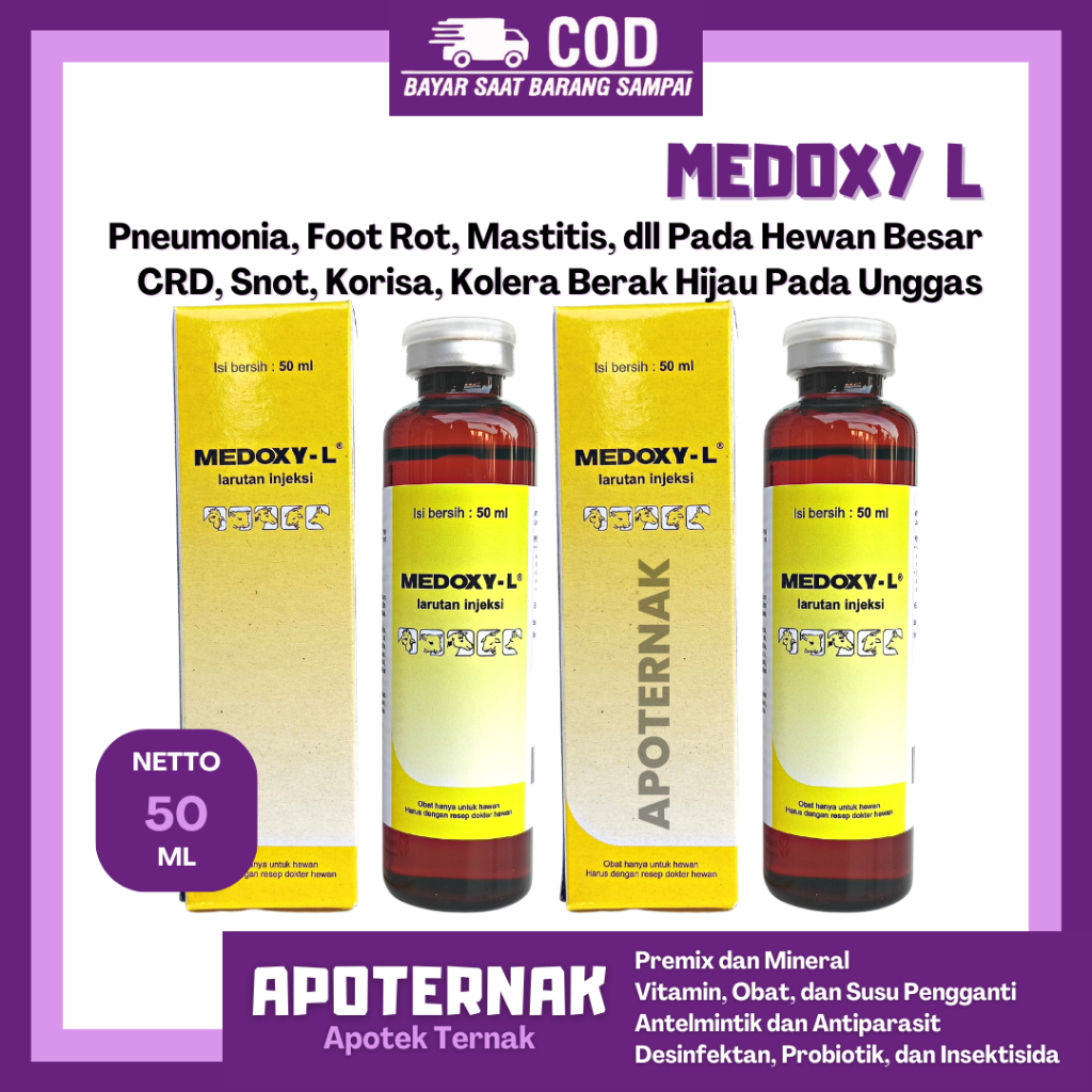 MEDOXY L 50 ml | Obat Injeksi Untuk Ayam Kucing Sapi Domba Kuda Sakit Snot Ngorok CRD Berak Hijau | Medion