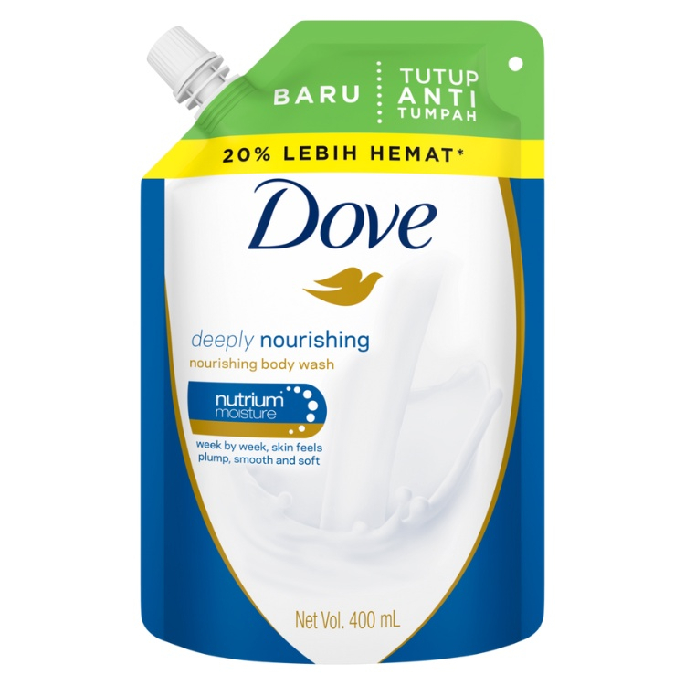 DOVE BODY WASH DEEPLY NOURISHING [ 400 ML ] SABUN MANDI CAIR ISI ULANG REFILL TUTUP ANTI TUMPAH NUTRIUM MOISTURE KULIT LEMBUT SKIN FEELS PLUMP SMOOTH AND SOFT