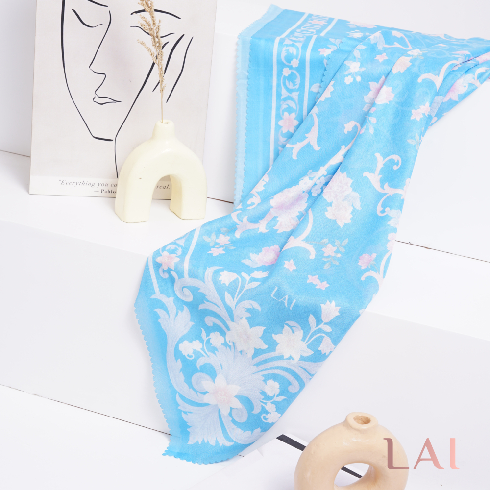 Hijab Segi Empat Scarf Premium by LAI Classic Floral Sky Blue