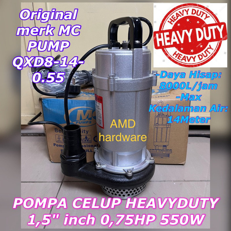 Mesin Pompa Celup HEAVY DUTY 0,75HP 1,5"inchi Submersible Original MC Pump QXD8-14-0.55 stainless