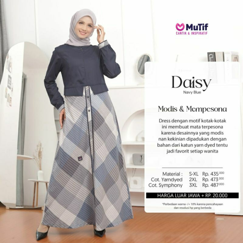 Mutif Daisy Plaid Grey Navy Blazer Baju Muslim Gamis Dress Casual Premium Terbaru Ori Lebaran 2023 Sarimbit