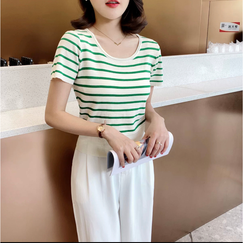 【Elegant】Tshirts O-Neck Striped Shirts Basic Short Top 2108