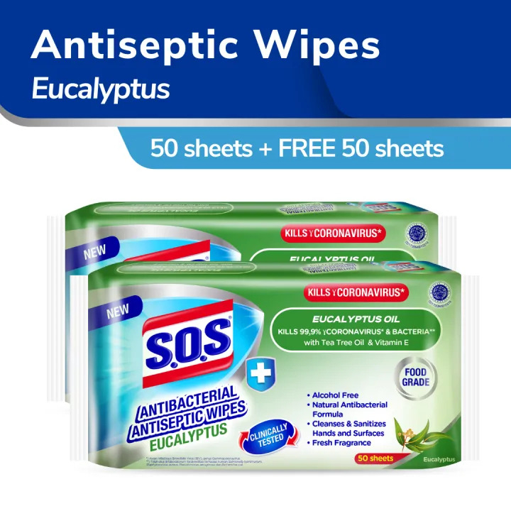 SOS Antibacterial Antiseptic Wipes Eucalyptus 50s+50s Banded