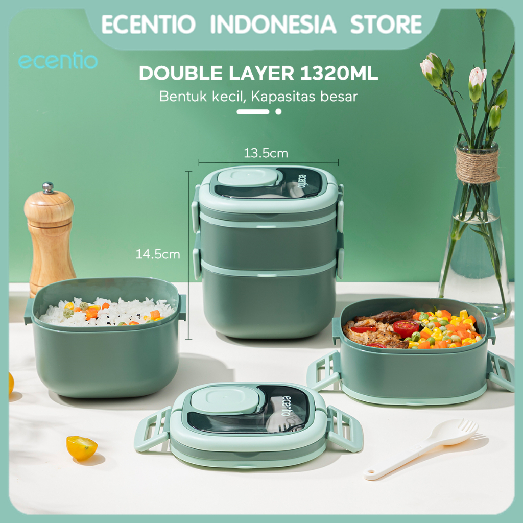 ecentio 2 susun Kotak Makan Dengan Sendok Gratis Anti Tumpah Rantang Susun Plastik Portable 1320ml BPA free