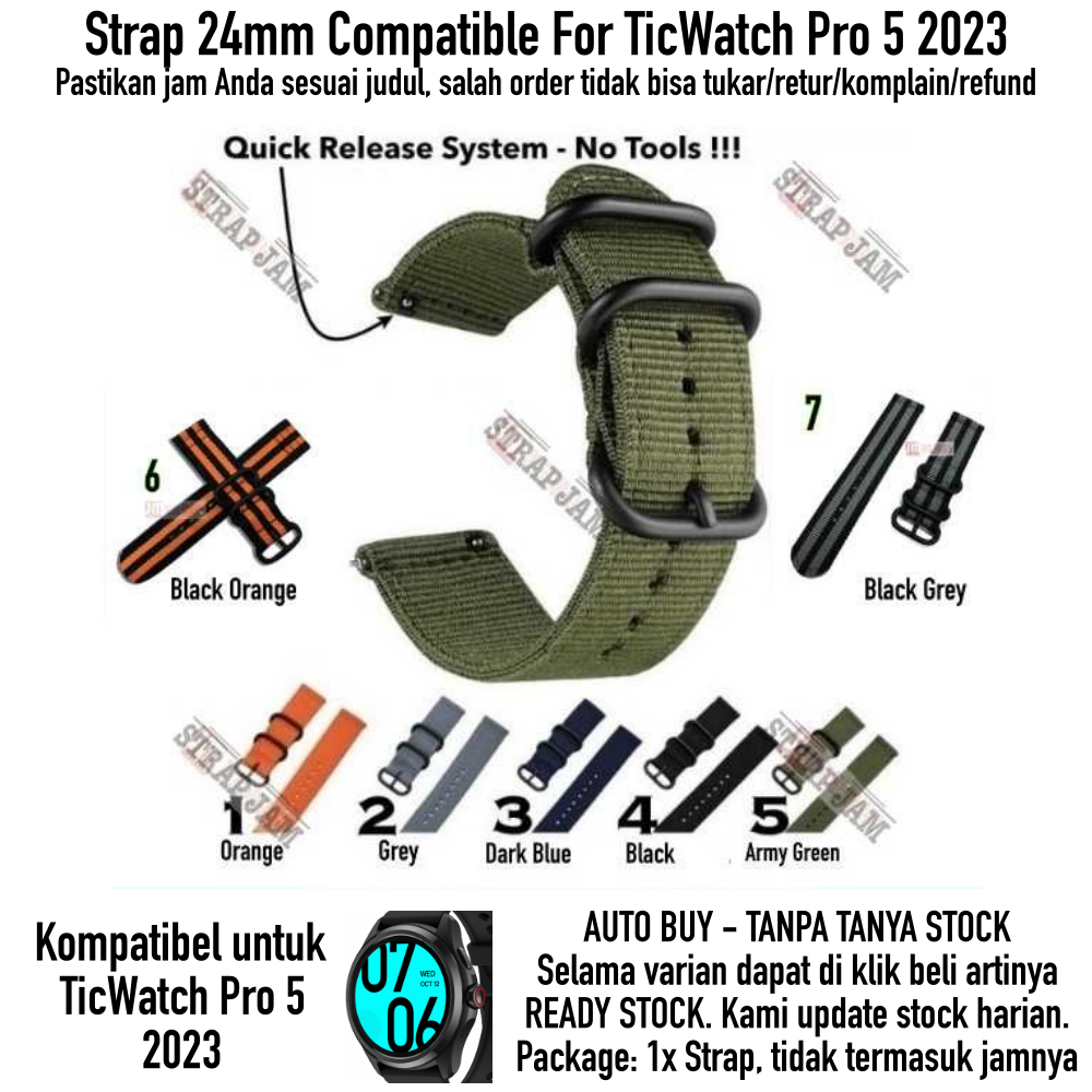 STT Strap Ticwatch Pro 5 2023 - Tali Jam 24mm Nilon Stitching Army Style