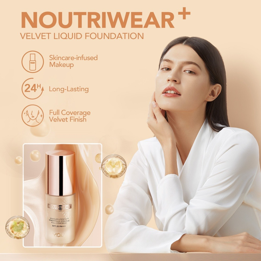 YOU Noutriwear + Velvet Liquid Foundation SPF|Alas Bedak Tahan Lama 24 Jam Full Coverage