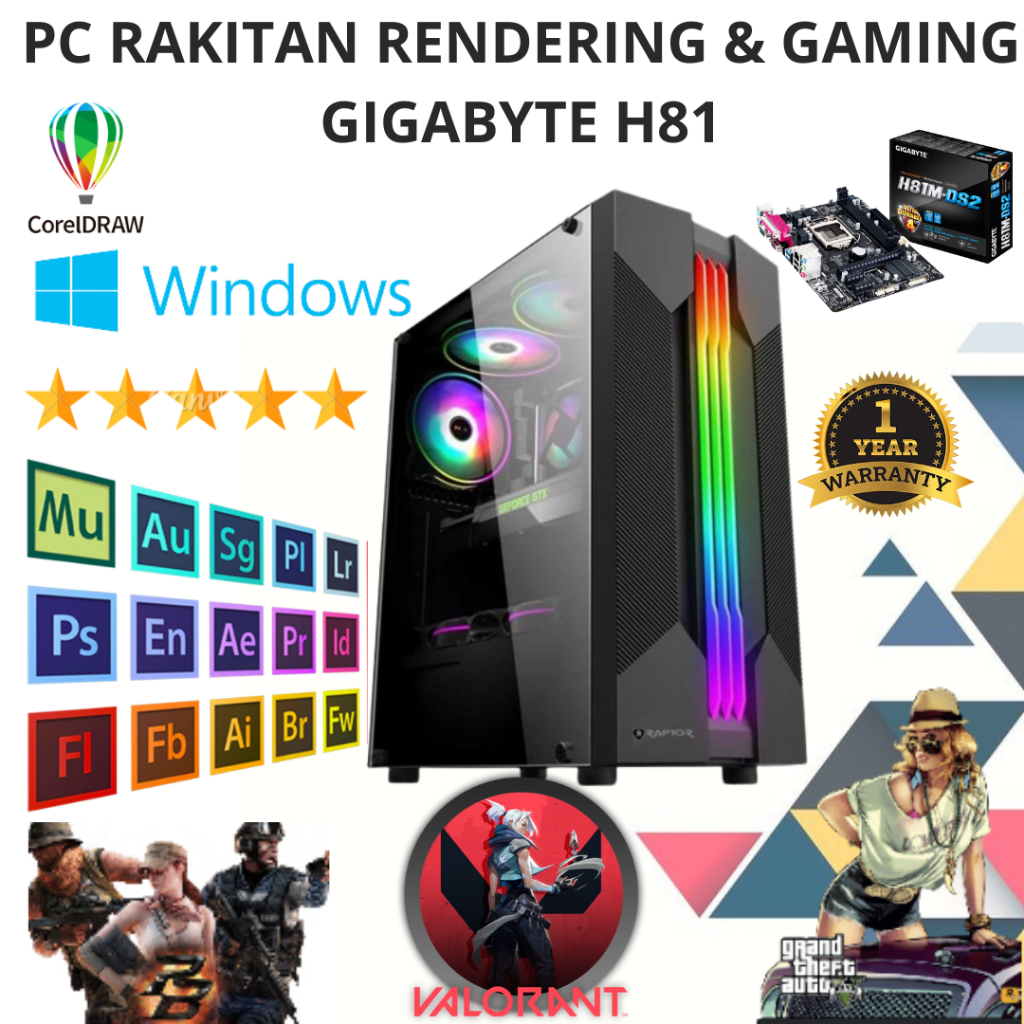 PC KOMPUTER RAKITAN RENDERING GAMING EDITING DESAIN INTEL CORE i5 4590 / 4590S MOBO GIGABYTE H81 VGA