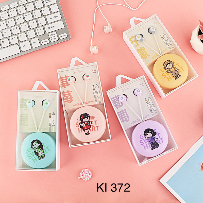 [ KI 372 ] Set Headset Earphone karakter  korean girl / + Wadah penyimpanan Earphone Motif in ear