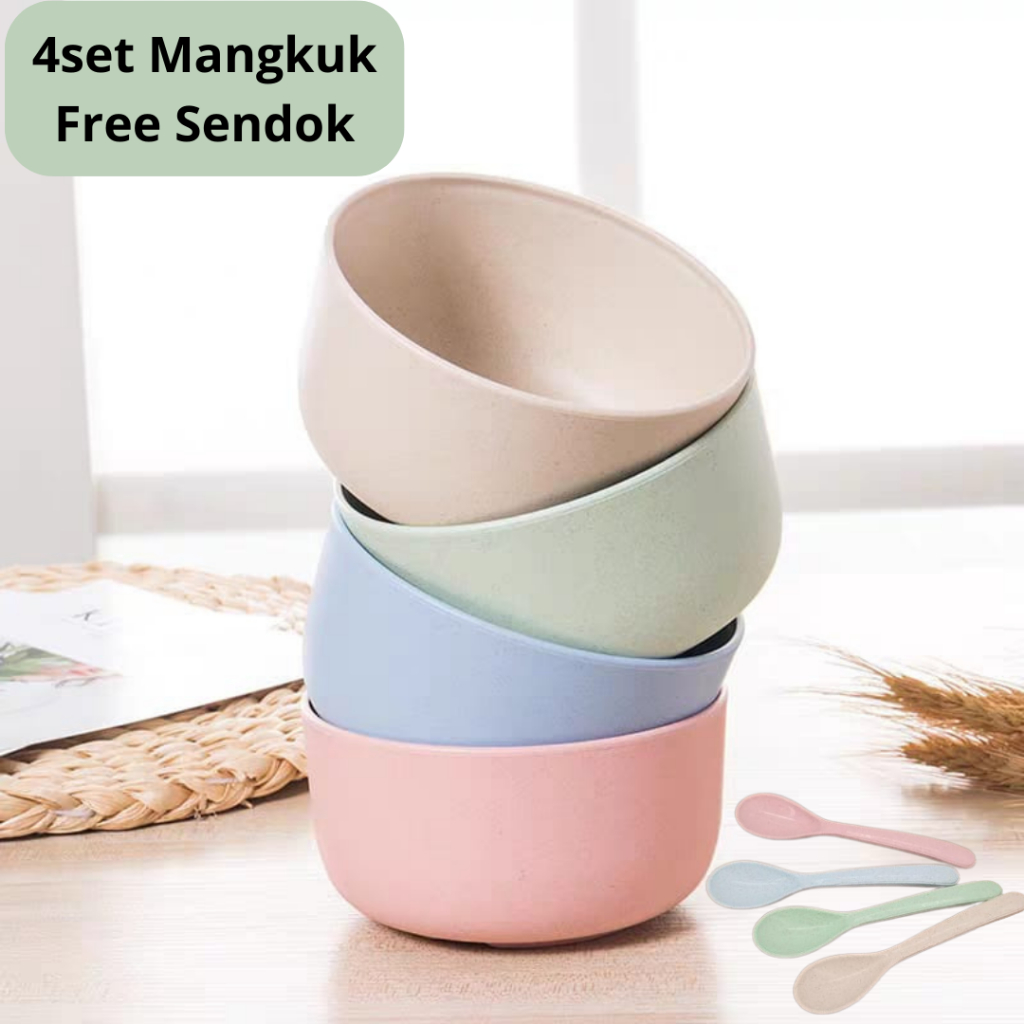 Set 4pcs Mangkok Wheat Straw Bowl / Alat Makan Berbahan Jerami Free Sendok