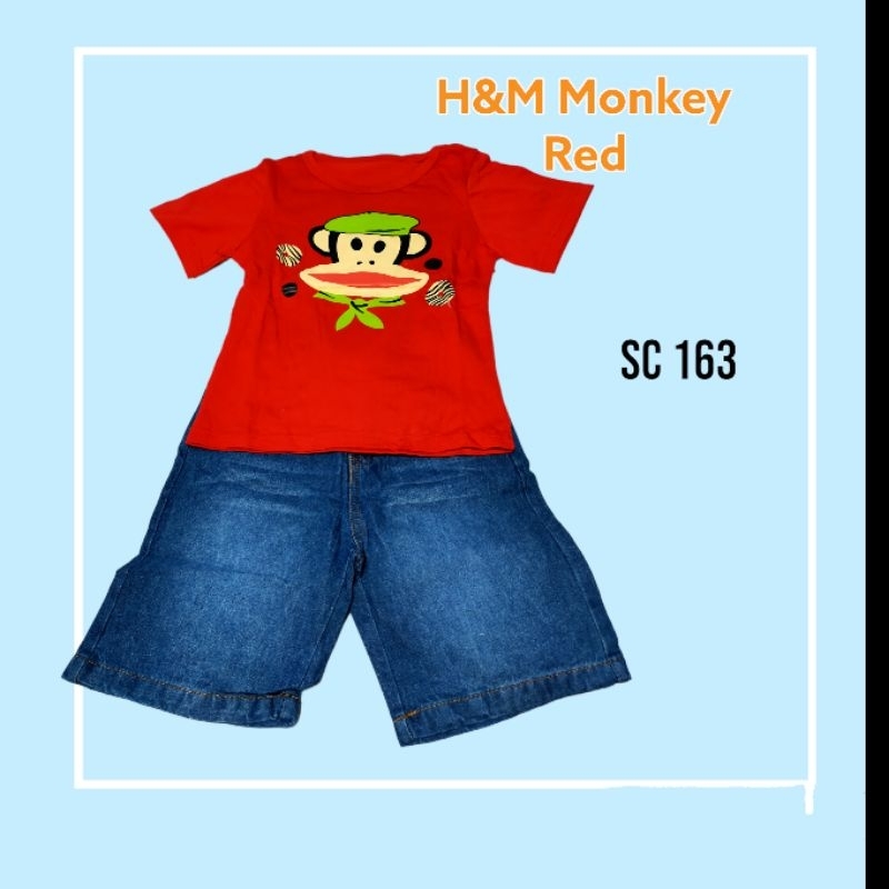SETELAN BAJU ANAK COWO [SC 163] H&M monkey red Setelan Anak Cowo Baju Celana Jeans Motif Monyet Baju