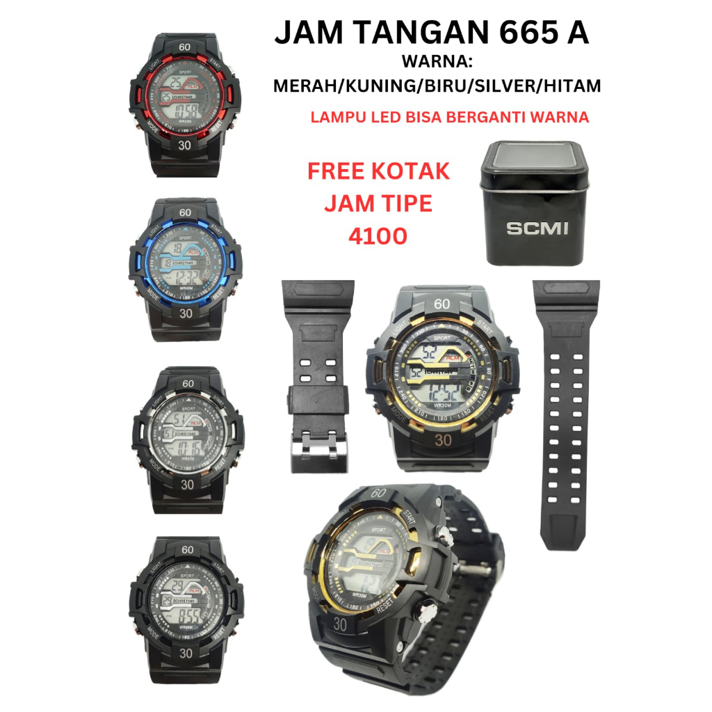 Jam tangan Digital pria Free Kotak Jam tangan LED Watch jam keren tipe 665 A