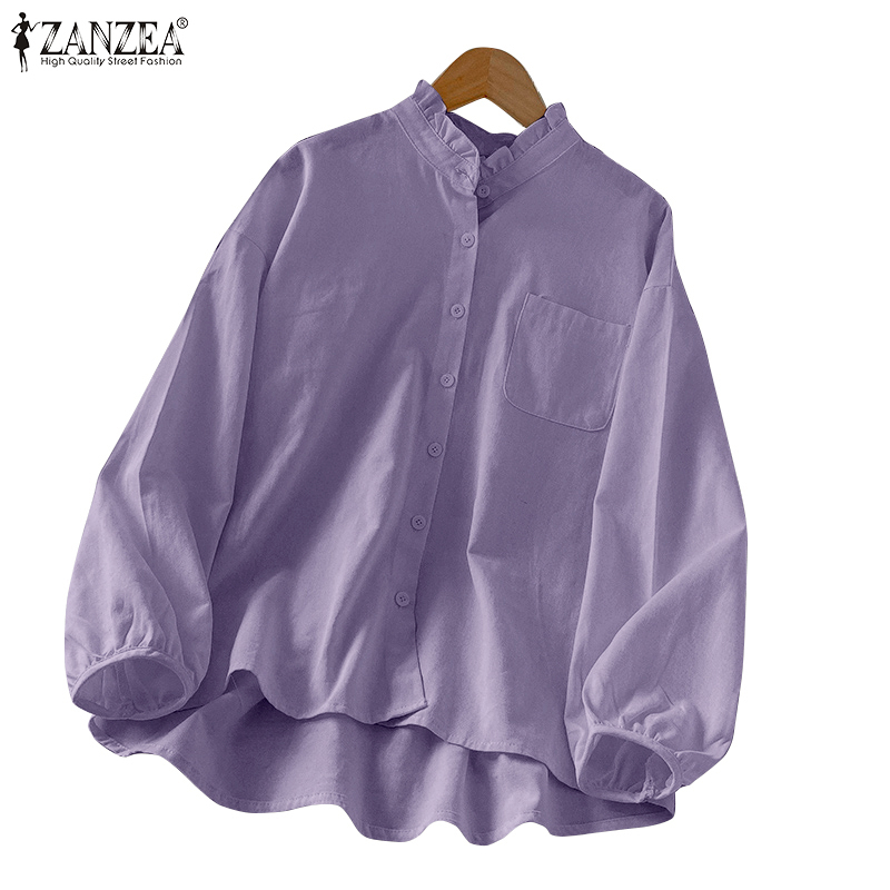 ZANZEA Women's Daily Simple Casual  Straight Ruffle Collar Plain Button-up Comfy Cotton Blouse